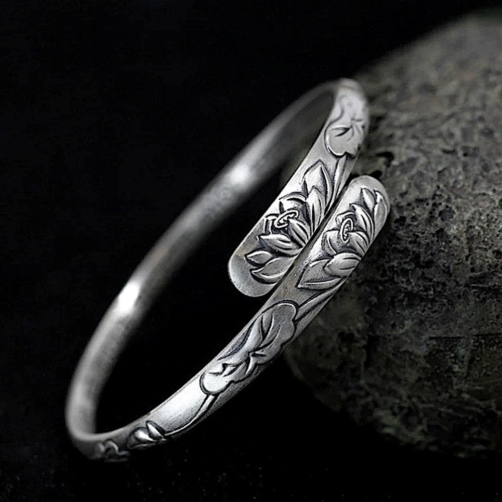Sterling Silver Lotus Mantra Bangle Bracelet - Picture 9 of 9